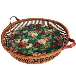 Rattan Round Serving Tray Wicker Leather Handles VTG 70s Kitchen Farmers Market